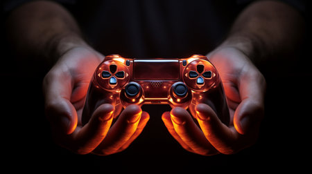 A man holds a joystick in his hand, generative AIの素材