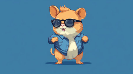 Hamster in denim jacket and glasses on blue background, generative AIの素材