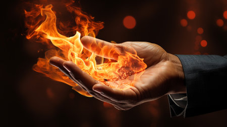 A man holds a blazing fire in the palm of his hand, generative AIの素材