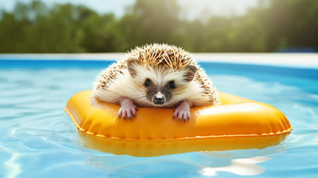 The hedgehog swims in the pool in the summer, generative AIの素材