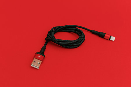 Black usb cord on red background, subject technology