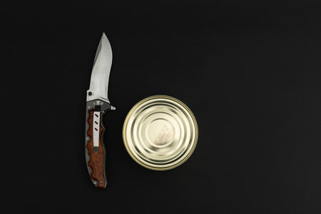 Canned food in a tin on a black backgroundの写真素材