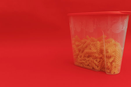 Red jar with macaroni on red background, monochromeの写真素材