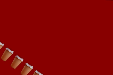 Paper cup with white lid on red background, collage