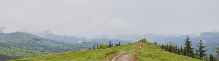 Banner with a trail leading into the fog, mountains in the backgroundの写真素材