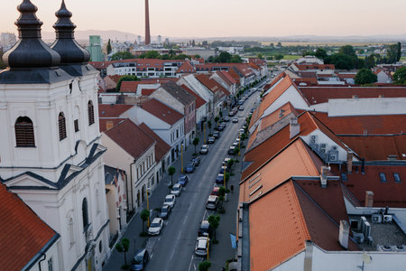 Roofs of the old city, shot from above at sunsetの写真素材