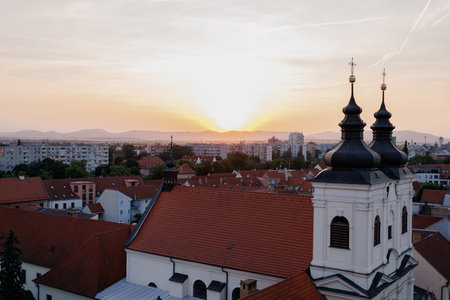 Roofs of the old city, shot from above at sunsetの写真素材