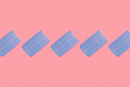 Collage of pink color with blue hair curlers