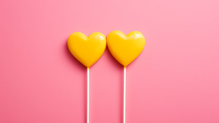 Two heart-shaped candies in yellow on a pink background, generative AIの素材