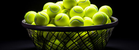 Black color banner with tennis balls in a basket, generative AIの素材