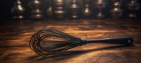 A pastry whisk rests on a wooden table, generative AIの素材