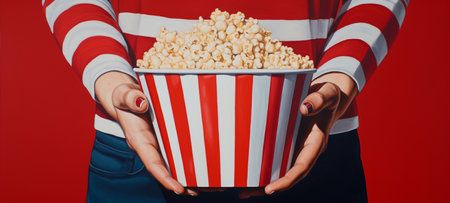 The girl is holding a bucket of popcorn, generative AIの素材