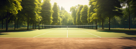 Banner with tennis court in city park, green trees all around, generative AIの素材