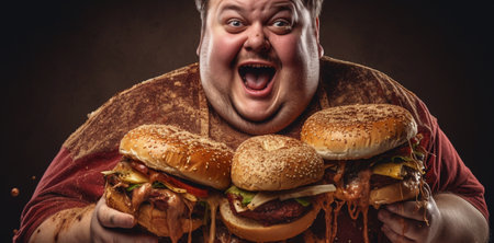 A fat man is holding burgers, slathered in butter and sauce, generative AIの素材