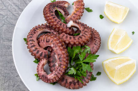 Grilled octopus accompanied by pieces of lemon and parsley on the white plate.の写真素材