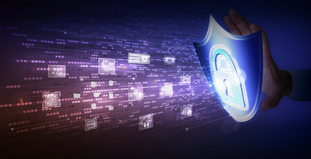 Cyber security concept with shield and padlock on blue background 3D rendering