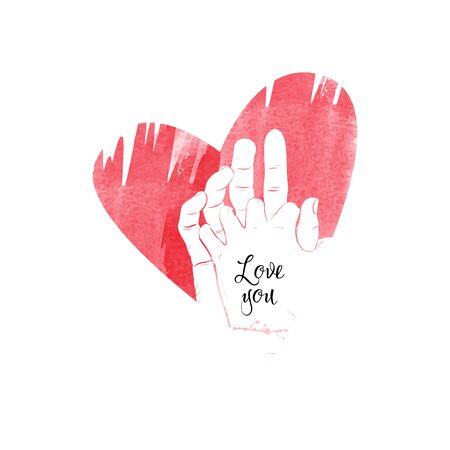 Vector sketch illustration of lovers hands on heart watercolor backgroundのイラスト素材
