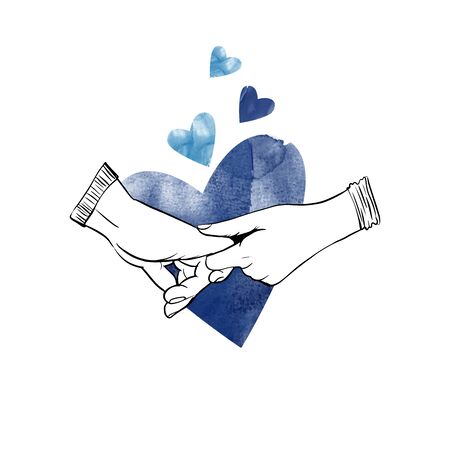 Vector sketch illustration of lovers hands on heart watercolor backgroundのイラスト素材