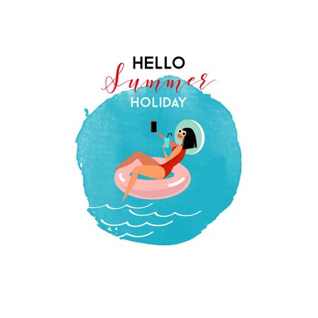 Vector illustration of people at beach or seashore relaxing and performing leisure outdoor activities - sunbathing, reading books, talking, walking, surfing, or ocean. Flat cartoon vector illustrationのイラスト素材