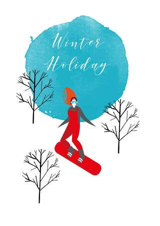 Snowboarding woman vector illustration. Watercolor backgroundのイラスト素材
