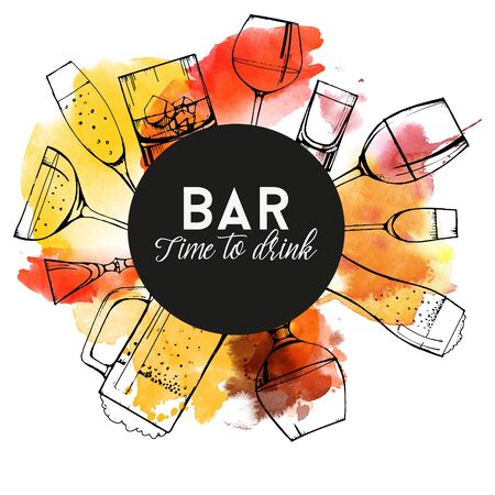 Alcohol drinks banner design. champagne, red wine, white wine, vermouth, brandy, whiskey, beer. Vector set. watercolor texture.のイラスト素材