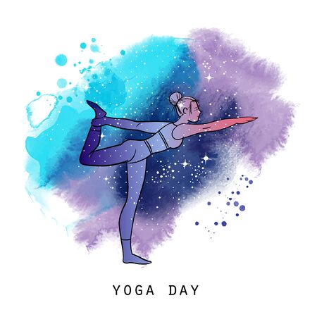 yoga day poster. vector hand drawn illustration and watercolor galaxy backgroundのイラスト素材