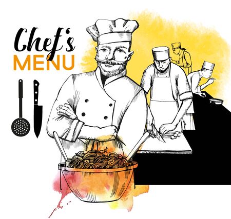 chef cooking. Hand drawn vector background and watercolor textur.のイラスト素材