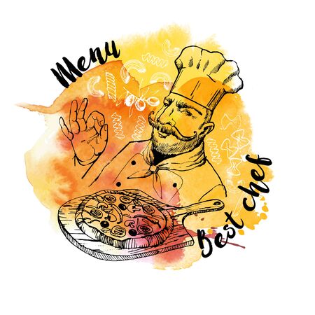 chef cooking. Hand drawn vector background and watercolor textur.のイラスト素材