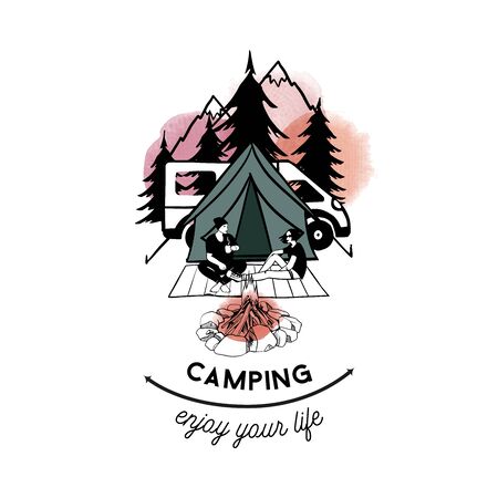 Van life vector illustration. Watercolor and sketch illustration.のイラスト素材