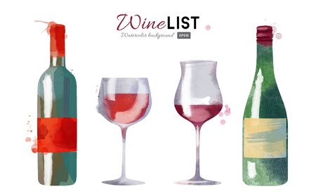 Set of vector watercolor illustration of wine bottle and wine glassesのイラスト素材