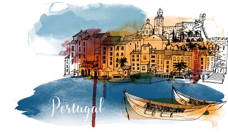 Vector Portugal illustration. Watercolor background. Cityscapeのイラスト素材