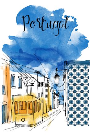 Portugal card design. Watercolor and sketch illustrationのイラスト素材