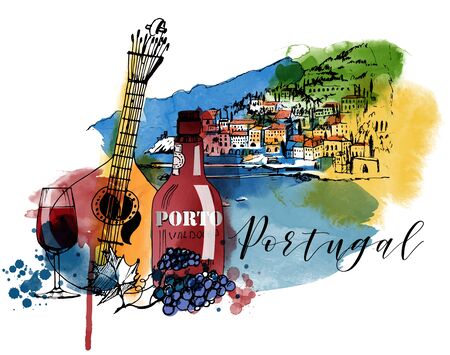 Portugal poster. Watercolor and sketch vector illustrationのイラスト素材
