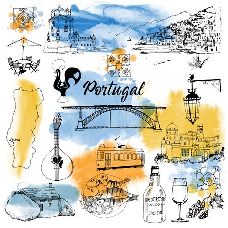 Portugal. Watercolor and sketch illustration vector setのイラスト素材