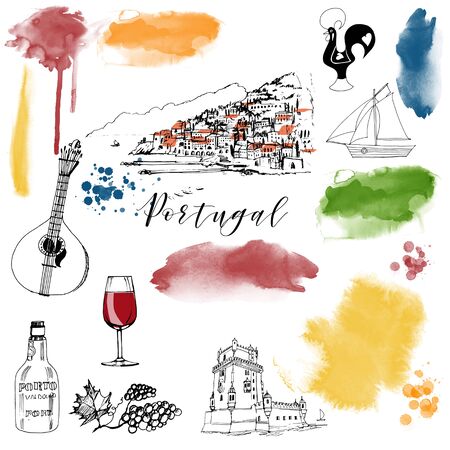 Portugal. Watercolor and sketch illustration vector set ..のイラスト素材