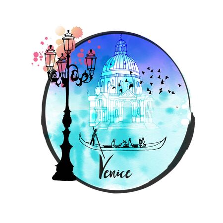 Venice Poster. Sketch and watercolor illustrationのイラスト素材
