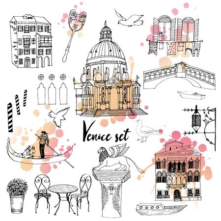 Hand drawing set of Venice. Sketch and watercolor illustrationのイラスト素材