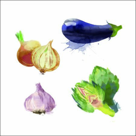 Watercolor vector vegetables set with onion, artichoke, garlic and eggplantのイラスト素材