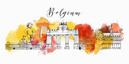 belgium cityscape vector sketch and watercolor backgroundのイラスト素材