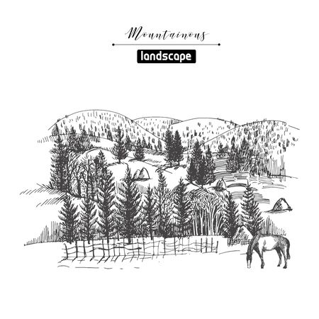 Vector sketches of mountain landscapes and mountain village. Hand drawn illustration. のイラスト素材