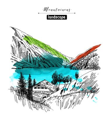 Vector sketches of mountain landscapes and mountain village and watercolor bhackground. Hand drawn illustration.のイラスト素材
