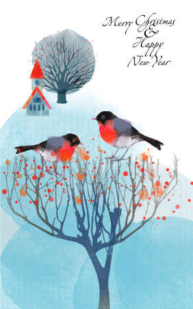 Merry Christmas and Happy New Year card. Watercolor winter vector backgroundのイラスト素材