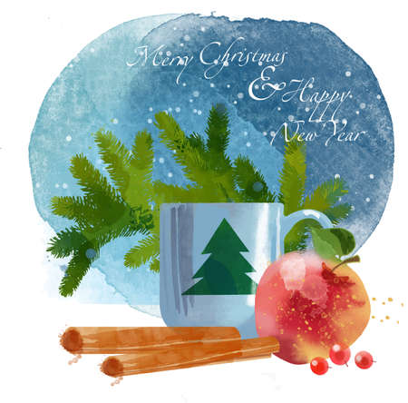 Merry Christmas and Happy New Year card. Watercolor backgroundのイラスト素材