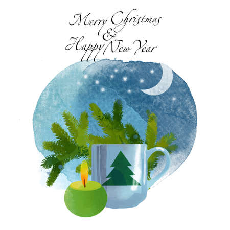 Merry Christmas and Happy New Year card. Watercolor backgroundのイラスト素材
