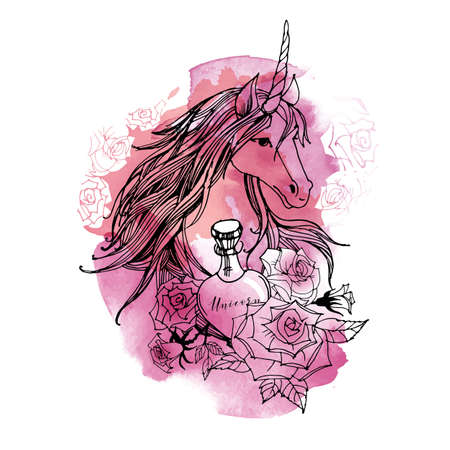 Unicorn set. Sketch and watercolor vector background.のイラスト素材