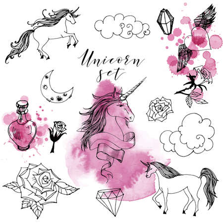 Unicorn set. Sketch and watercolor vector background.のイラスト素材
