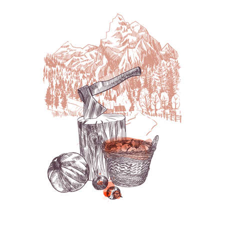 Winter vector holiday set. Sketch and watercolorのイラスト素材