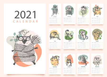 Cat Calendar 2021. Funny cats illustrationsのイラスト素材
