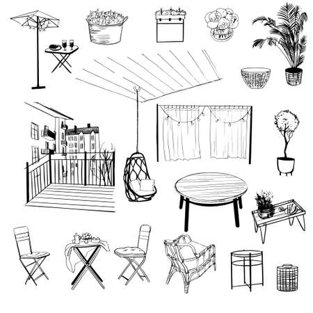 Vector set of patio scenario.Sketch illustrationのイラスト素材