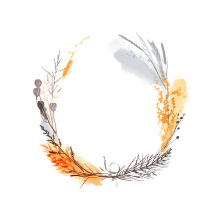 Watercolor vector illustration of floral wreath. Seasons herb and plants.のイラスト素材